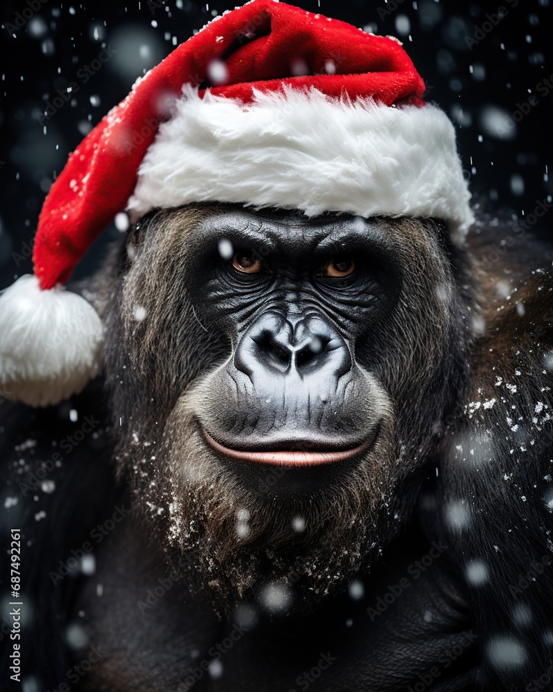 Portrait of a gorilla in a Santa Claus hat. Christmas. Portrait of a gorilla in a Santa Claus hat. Christmas.