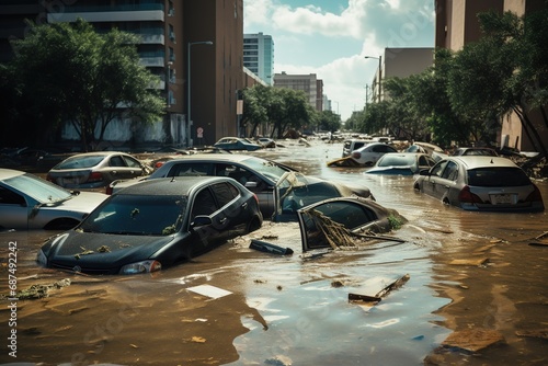 Cars submerged from hurricane. Heavy rains from hurricane Harvey caused many flooded areas. Flooded cars on the street of the city photo