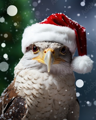 Bald Eagle with Santa Claus hat and bokeh background.