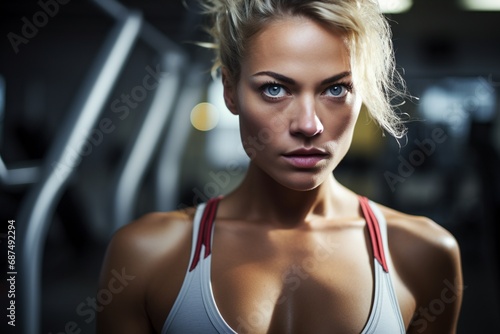 Face of Perseverance: Young Woman in Gym Exhibits Determination and Vitality in Close-Up View