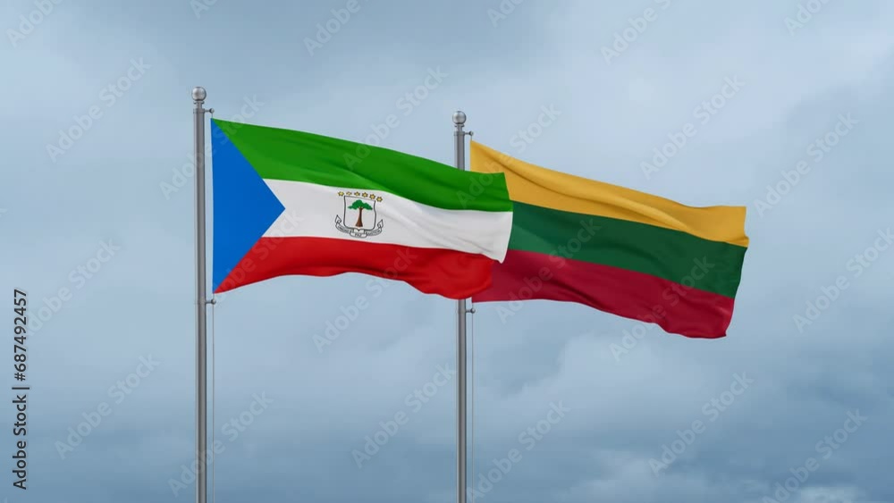 Lithuania flag and Equatorial Guinea flag waving together on cloudy sky, endless seamless loop, two country relations concept Lithuania flag and Equatorial Guinea flag waving together on cloudy sky, endless seamless loop, two country relations concept
