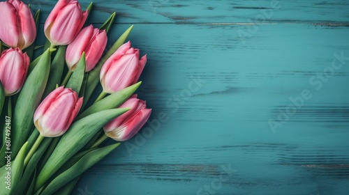 Tulip border with copy space. Beautiful frame composition of spring flowers. Bouquet of pink tulips flowers on turquoise blue vintage wooden