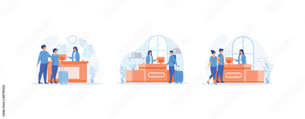 Hotel reception, Male customer standing at reception desk and talking to female receptionist, Scene with guests at hotel lobby. Hotel Receptionist set flat vector modern illustration Hotel reception, Male customer standing at reception desk and talking to female receptionist, Scene with guests at hotel lobby. Hotel Receptionist set flat vector modern illustration