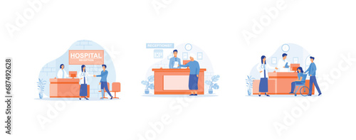 Modern clinic reception, Hospital receptionist giving old woman information, Reception in hospital with patients. Hospital receptionist set flat vector modern illustration