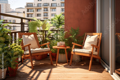 modern balcony is decorated with wooden chairs and potted plants