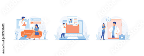 Electronic health record, online medical services,  with medical specialists. Health Records set flat vector modern illustration