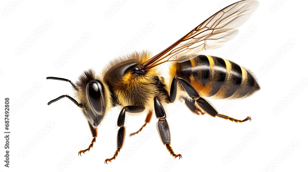 close up flying bee isolated on a white background close up flying bee isolated on a white background