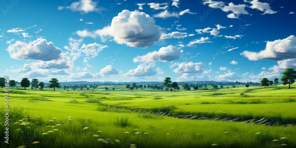 Expansive lush green field under a vibrant blue sky with fluffy white clouds, surrounded by a line of trees on the horizon, depicting serene and tranquil rural landscape