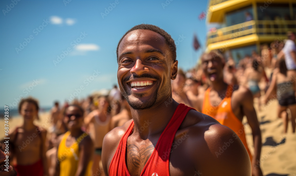 Joyful African American man smiling at the camera with a lifeguard station in the background on a sunny beach filled with people enjoying a summer day