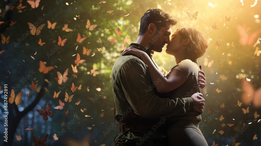Soldier holds his beloved girl tightly, loving couple surrounded by fluttering butterflies on nature background, joy of soldier reuniting alive from war, loving family reunion after horrors of war - obrazy, fototapety, plakaty 
