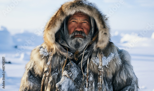 Indigenous Arctic explorer in traditional fur clothing stands against a vast snowscape, embodying the enduring human spirit in extreme conditions