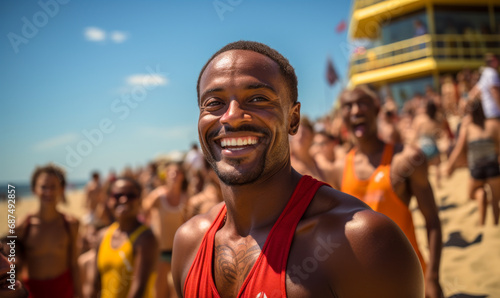 Joyful African American man smiling at the camera with a lifeguard station in the background on a sunny beach filled with people enjoying a summer day © Bartek