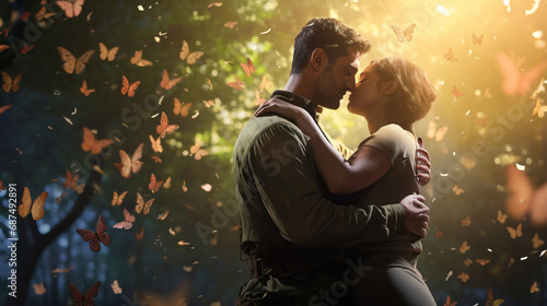 Soldier holds his beloved girl tightly, loving couple surrounded by fluttering butterflies on nature background, joy of soldier reuniting alive from war, loving family reunion after horrors of war photo