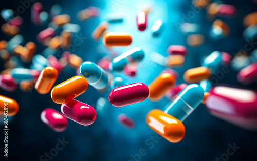 Colorful capsules and pills floating in air with blue background, concept of pharmaceutical medication for health