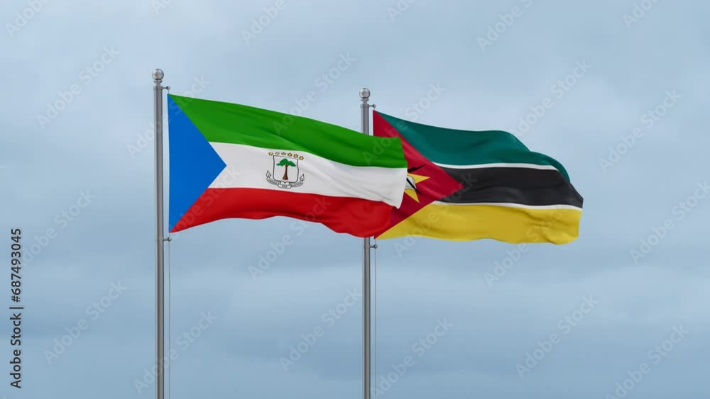 Mozambique and Equatorial Guinea flag waving together on cloudy sky, endless seamless loop, two country cooperation concept Mozambique and Equatorial Guinea flag waving together on cloudy sky, endless seamless loop, two country cooperation concept