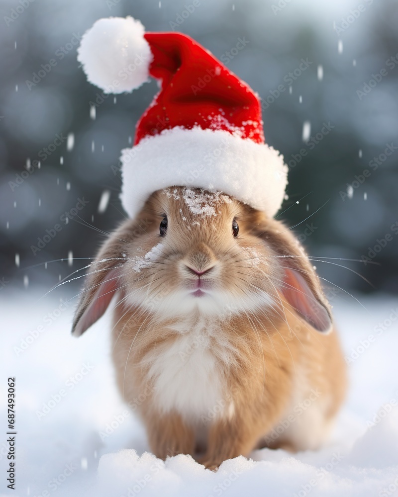 Cute little rabbit in red santa hat on snow in winter Cute little rabbit in red santa hat on snow in winter