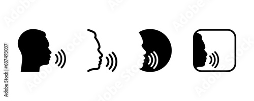 Set of man speak vector icons. Man tell black vector silhouette. Voice wave from human. Talking icon.