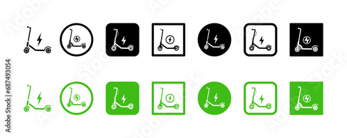 Set of Electric scooter vector icons. Eco transport. Electric scooter and flash.