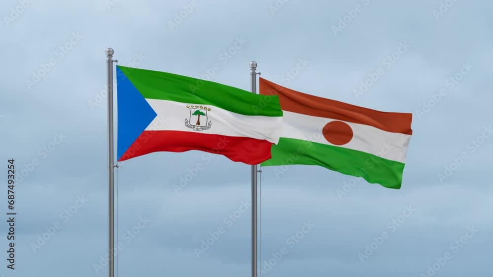 Niger flag and Equatorial Guinea flag waving together on cloudy sky, endless seamless loop, two country relations concept Niger flag and Equatorial Guinea flag waving together on cloudy sky, endless seamless loop, two country relations concept