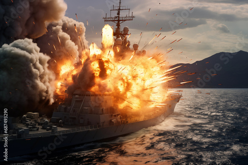 navy destroyer explodes hit by a missile big bang warship