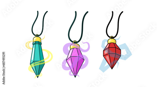 Set of magic crystals. Mystical talisman on a string. Flat color vector illustration with outline.