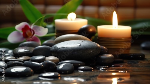 Natural cosmetics and Beauty spa treatment with candles with stones for spa wallpaper Generative AI