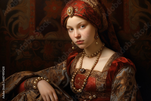 Noblewoman of the Renaissance, adorned in a richly embroidered gold and burgundy brocade gown, pearl headdress