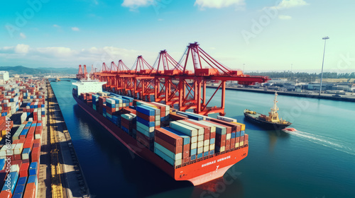 Efficient Sea Freight Logistics Concept: Managing Import and Export at the Port's Container Terminal for Smooth Cargo Handling, Reliable Delivery, and Industry Transport Background