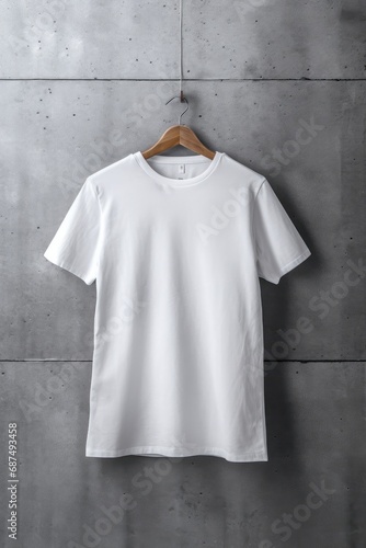 Admire a detailed mockup of a white tee shirt hanging in a modern closet interior. An embodiment of contemporary style