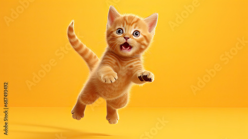 orange cat jumping on yellow background