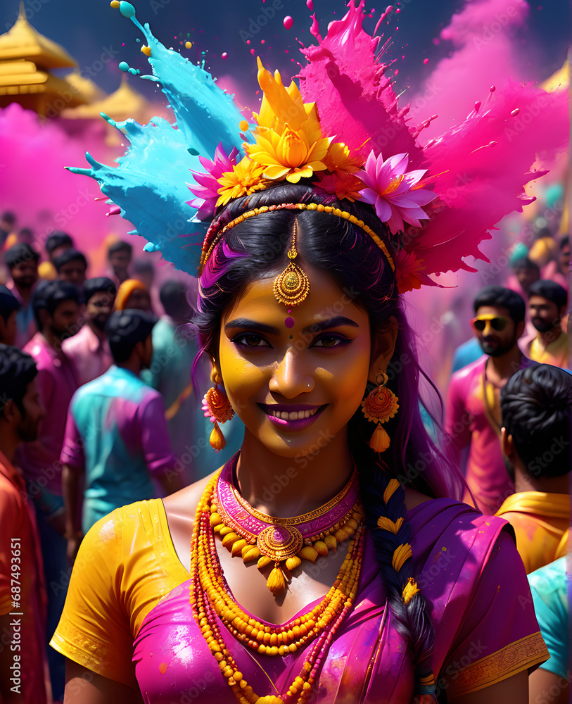 Obraz premium Holi Revelry: Immersed in the Lively and Colorful Celebration of the Hindu Festival, Welcoming the Vibrant Arrival of Spring. generative AI