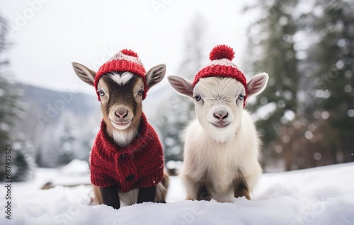 Two cute goats in red knitted hats and scarves in winter forest.