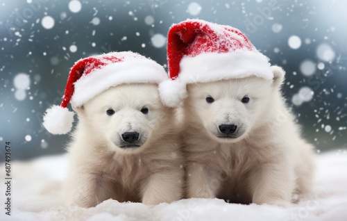 Two cute white polar bear cubs in red santa hats on snowy background © Obsidian