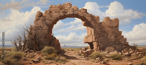 Ancient sandstone portal rift ruins gateway located in a remote part of a vast dry desert landscape - mysterious origins - lost annunaki alien technology - science fiction inspired painting. 