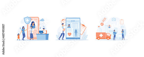 Electronic healthcare. New technology to replace paper clinical data, medical treatment history application. Electronic Healthcare set flat vector modern illustration