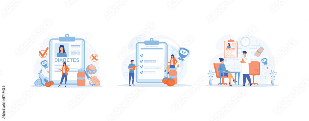 Fototapeta premium Diabetic nutrition for people with diabetes, Medical report or diagnosis card, Diabetes control and healthcare. Diabetes Level set flat vector modern illustration 