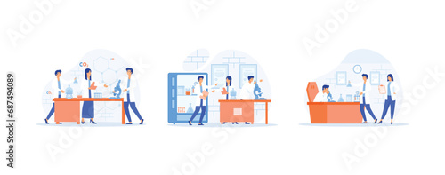 Scientists in lab, Chemistry clinic laboratories, microbiology pharmaceutical research, equipment and lab glassware. Laboratory set flat vector modern illustration