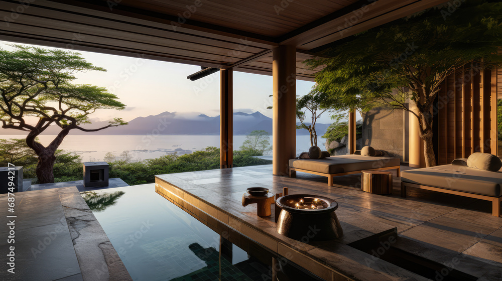 3D render interior design concept, Tranquil Japanese Resort by the Lake Natural background: A Serene Retreat and Relax with private Onsen space. travel and vacation background