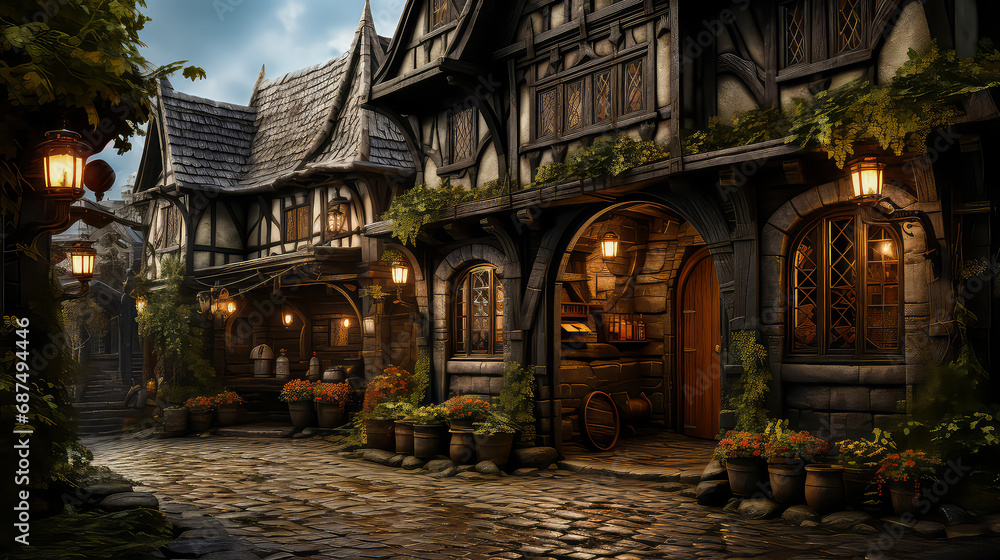 Fototapeta premium Tudor style, House Fantasy background, Creating antique design of Outdoor Spaces architecture decorate vintage concept
