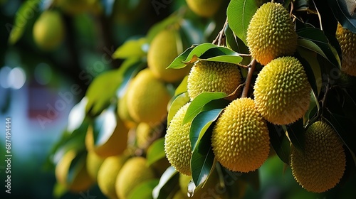 Durian trees laden with fruit close-up photo