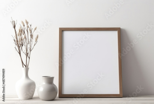 Blank frame with vases and dry plants