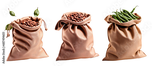 Conjunto de sacos de feijões - vagens de feijão verde, sementes e grãos. Grupo de sacos com feijões dentro, isolado em fundo transparente. photo