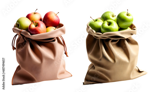 Conjunto de sacos maçãs. Vários Sacos de pano de aniagem marrom com maçãs dentro. Maçãs verde e vermelha no Saco de tecido de juta isolado e em fundo transparente.