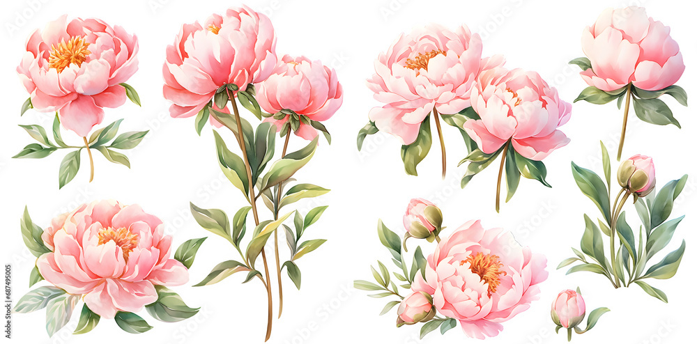 Pink peony watercolor illustration clipart. Generative AI