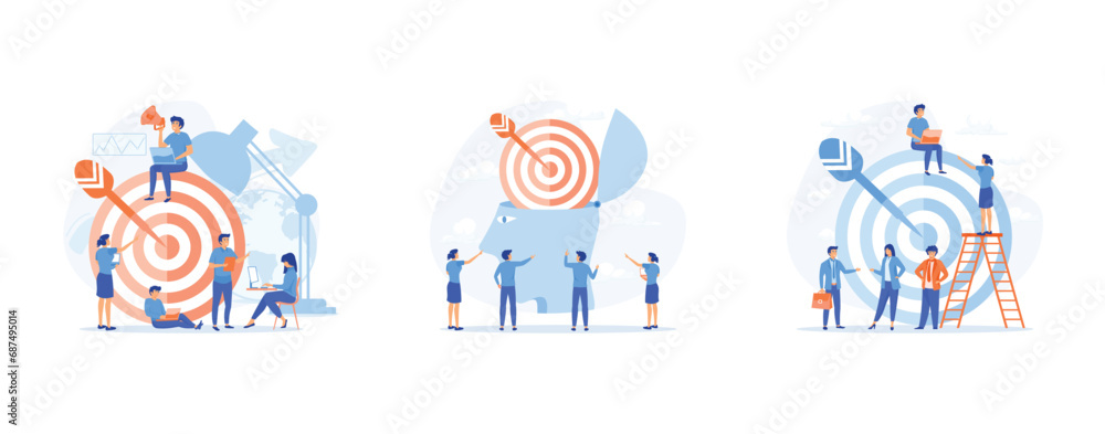  Marketing target.  customer target development for marketing, company goals promotion. Business target set flat vector modern illustration  