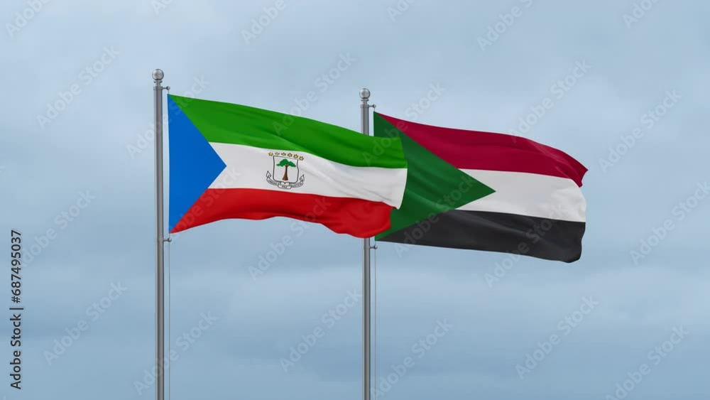 Sudan and Equatorial Guinea flag waving together on cloudy sky, endless seamless loop, two country cooperation concept Sudan and Equatorial Guinea flag waving together on cloudy sky, endless seamless loop, two country cooperation concept