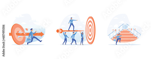 Business goal concept, Business Goals Achievement, Businessman running up stairway to the target. Business target set flat vector modern illustration 
