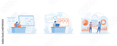 Man working with big data and databases,  making analysis and report with spreadsheets on computer, data analyst. Data analyst set flat vector modern illustration  