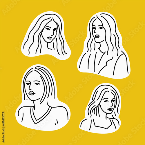 Young women shoulder en face sketch portraits. Black line vector illustration set.