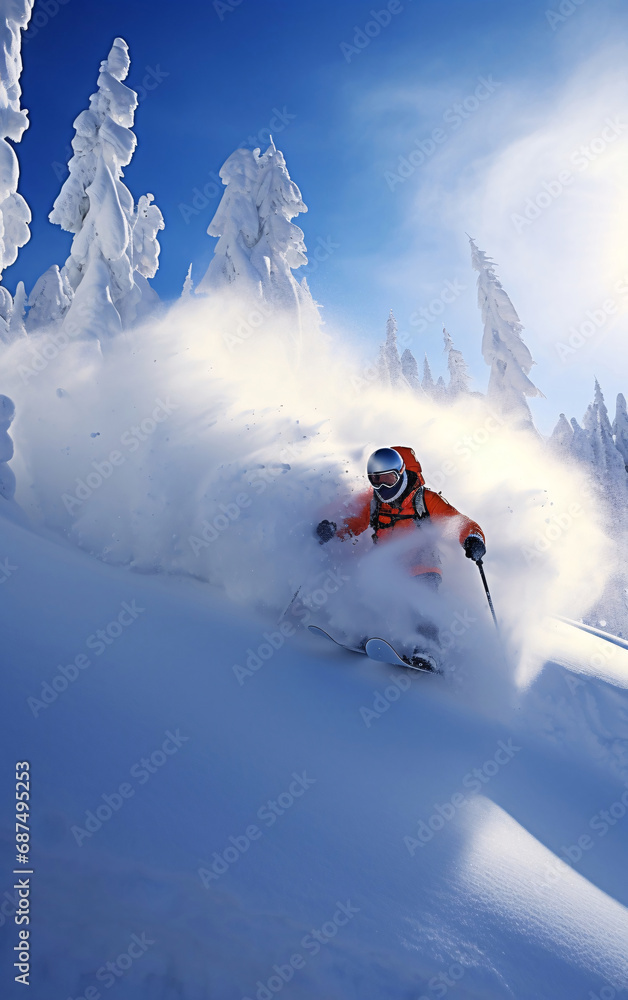 Skier jumping in the snow mountains on the slope with his ski and professional equipment on a sunny day Skier jumping in the snow mountains on the slope with his ski and professional equipment on a sunny day